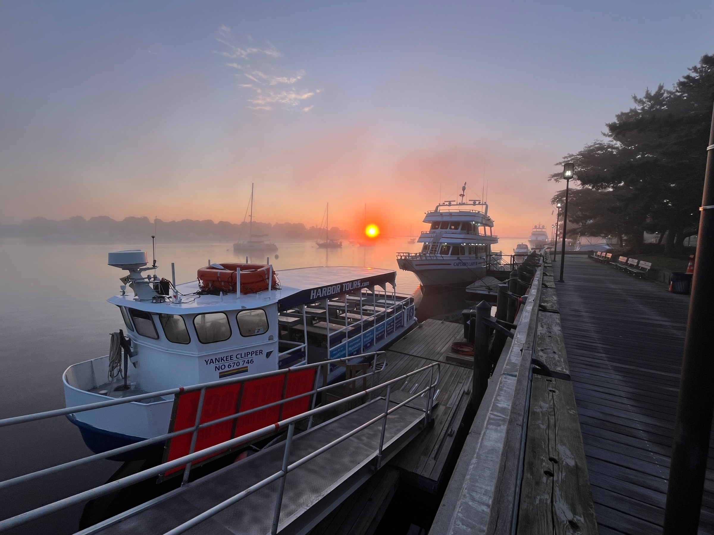 Boats docked at sunrise with fog over a calm harbor.
