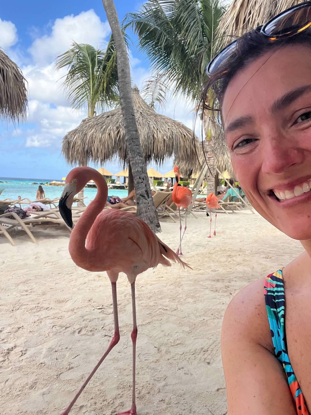 Woman smiling on beach with flamingos and palm trees in the background.