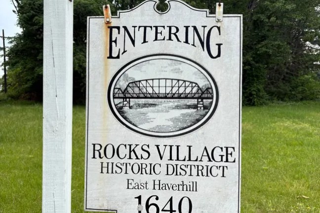 Sign for Rocks Village Historic District in East Haverhill, established 1640.